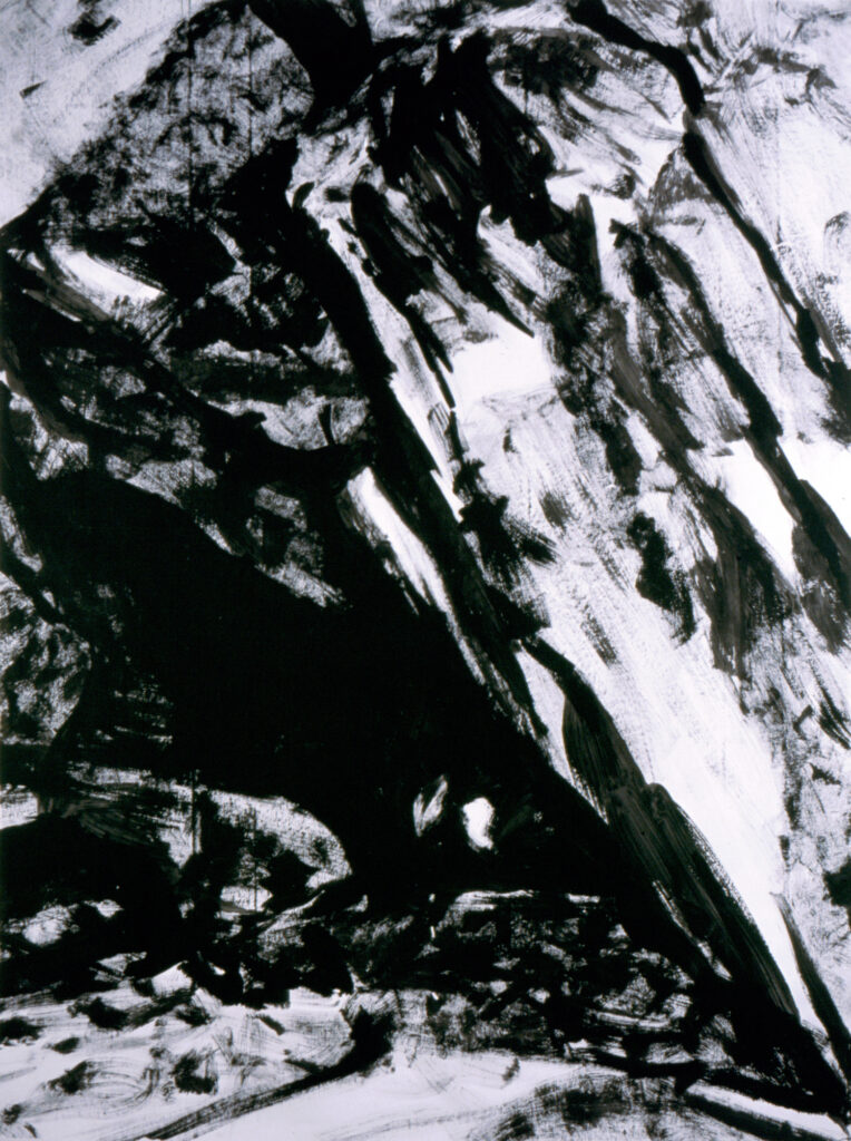 a vertical black and white painting of rocks with a cave