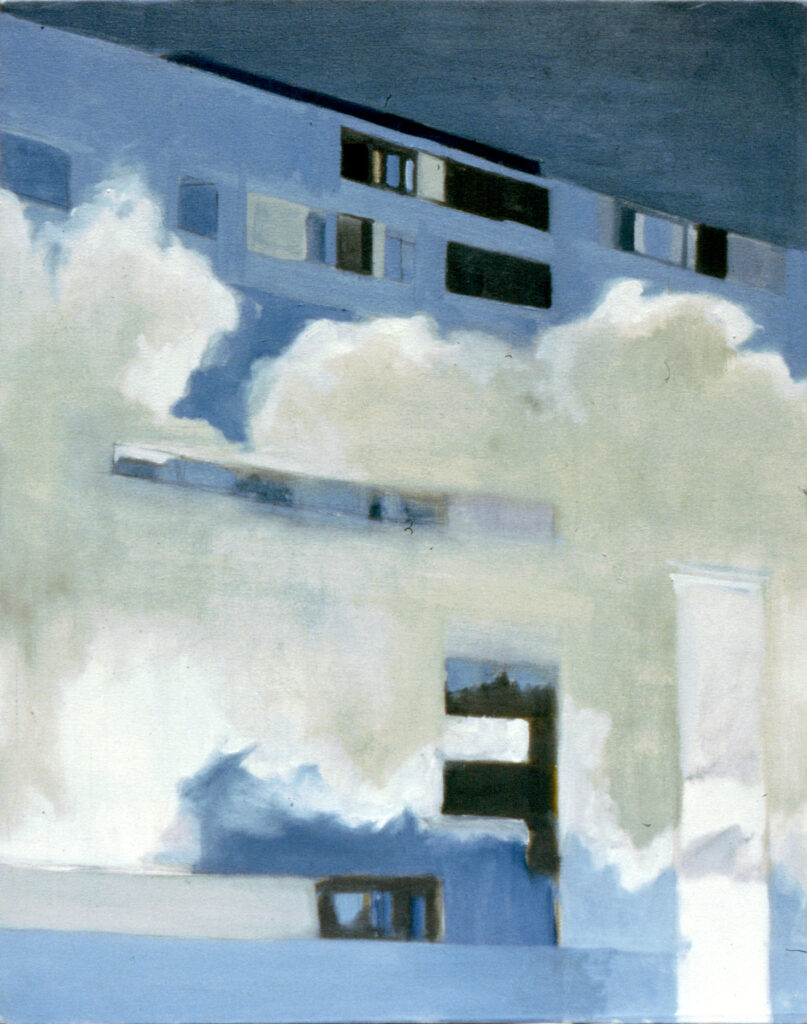 a painting of clouds and building windows