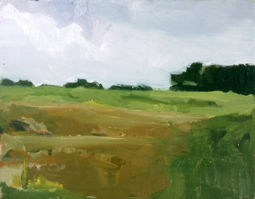 a painting of grass and trees under a hazy sky