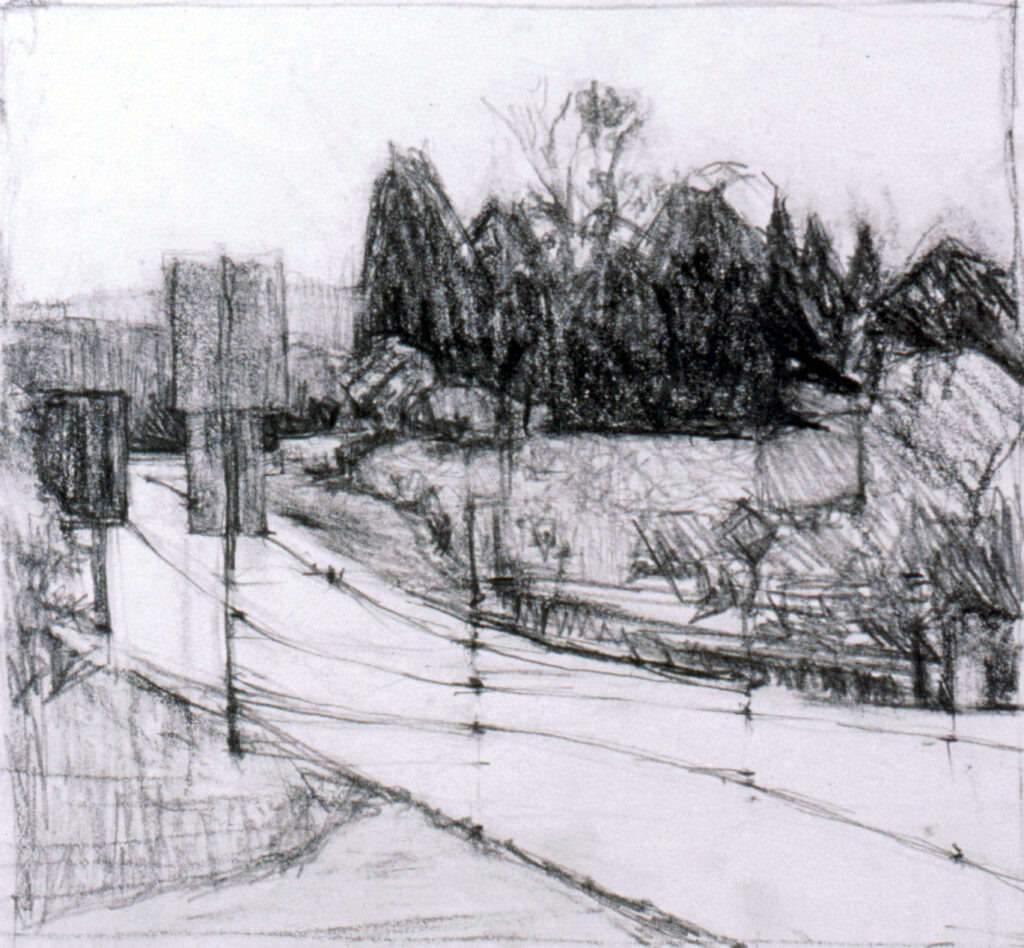 a drawing of a road and some trees