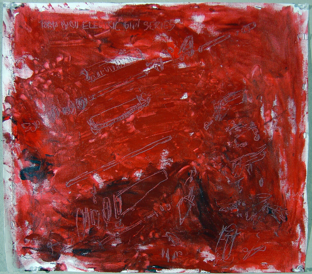 a pencil drawing in messy red paint
